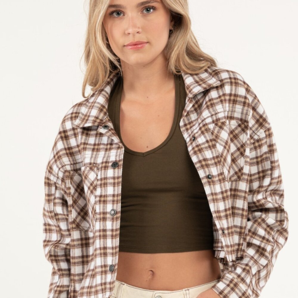 Tilly's RSQ Womens Plaid Raw Hem Crop Shacket